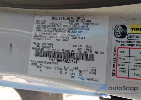 2010 Ford Fusion S из США, поврежденный, VIN 3FAHP0GA5AR236941